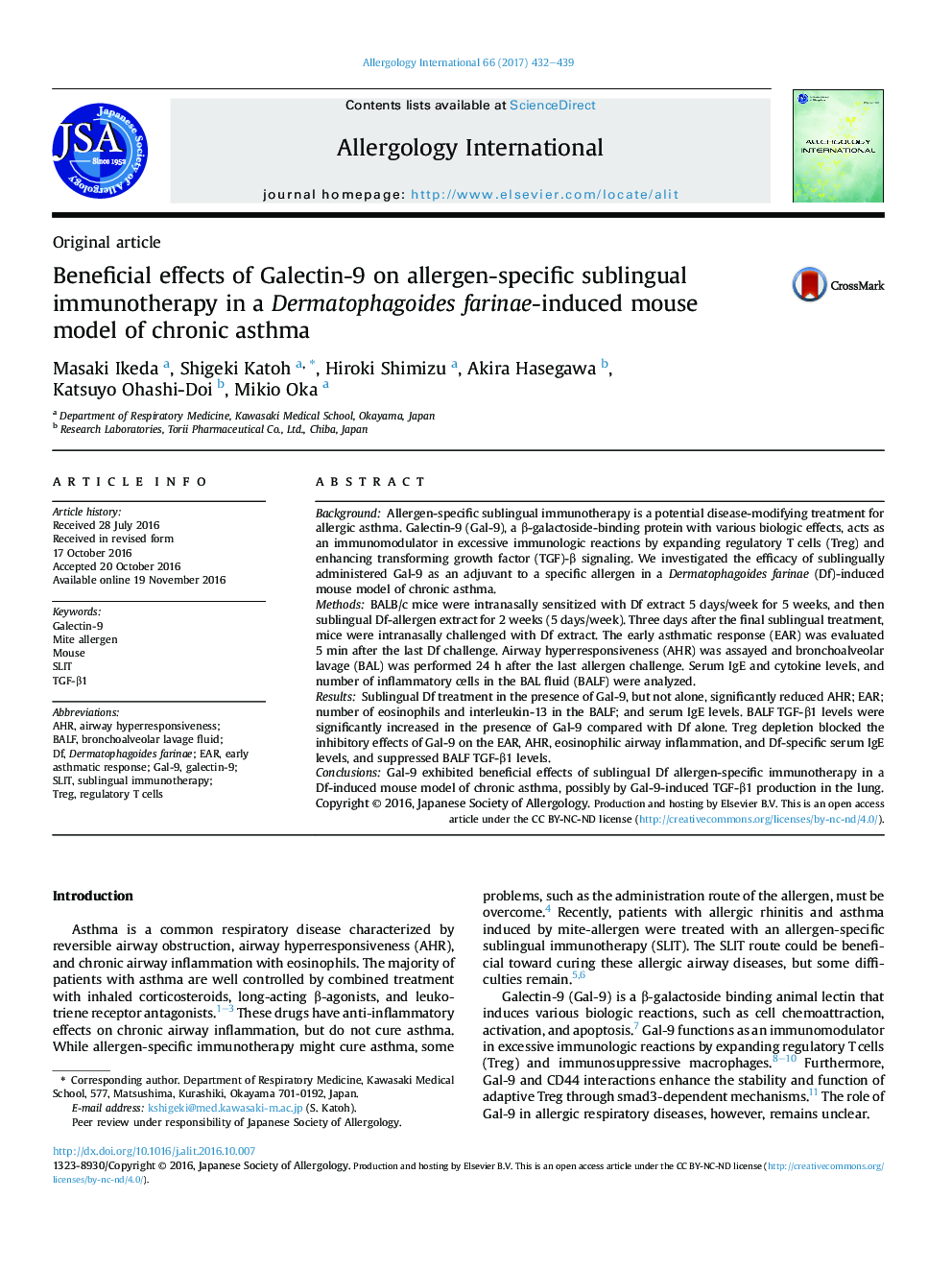 Beneficial effects of Galectin-9 on allergen-specific sublingual immunotherapy in a Dermatophagoides farinae-induced mouse modelÂ of chronic asthma