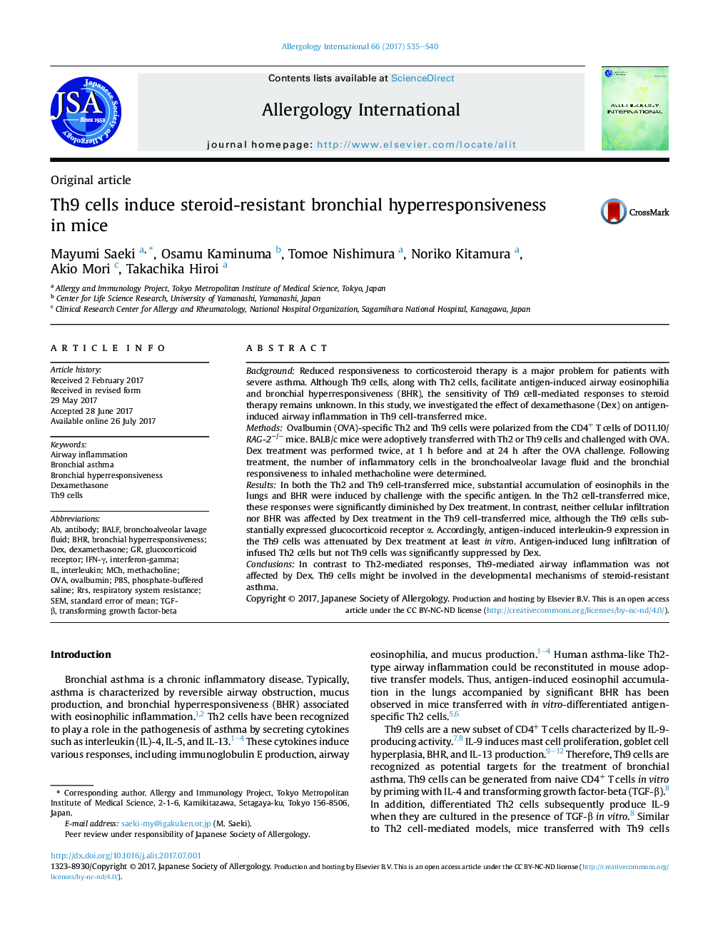 Th9 cells induce steroid-resistant bronchial hyperresponsiveness in mice