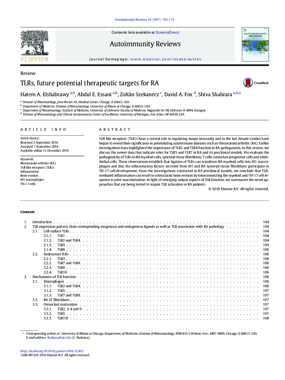 TLRs, future potential therapeutic targets for RA
