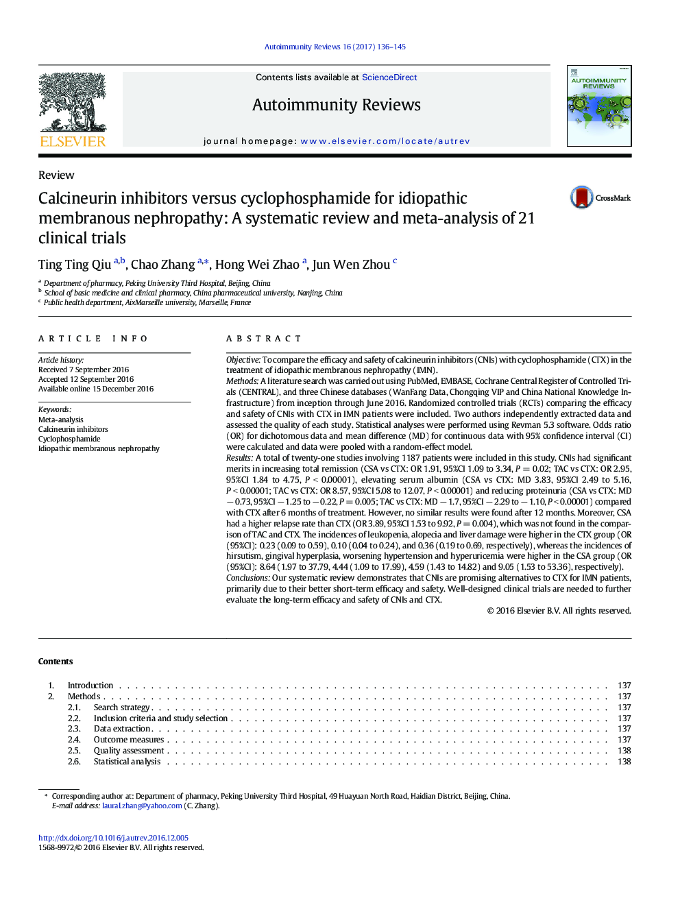 مهار کننده های کالسینورین در مقایسه با سیکلوفسفامید برای نفروپاتی غشایی ایدئوپاتیک: بررسی منظم و متاآنالیز 21 آزمایش بالینی 