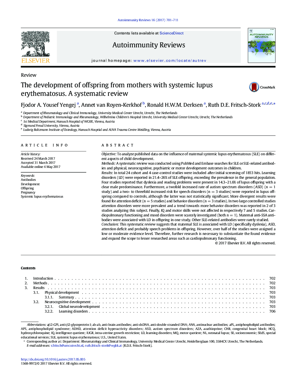 The development of offspring from mothers with systemic lupus erythematosus. A systematic review