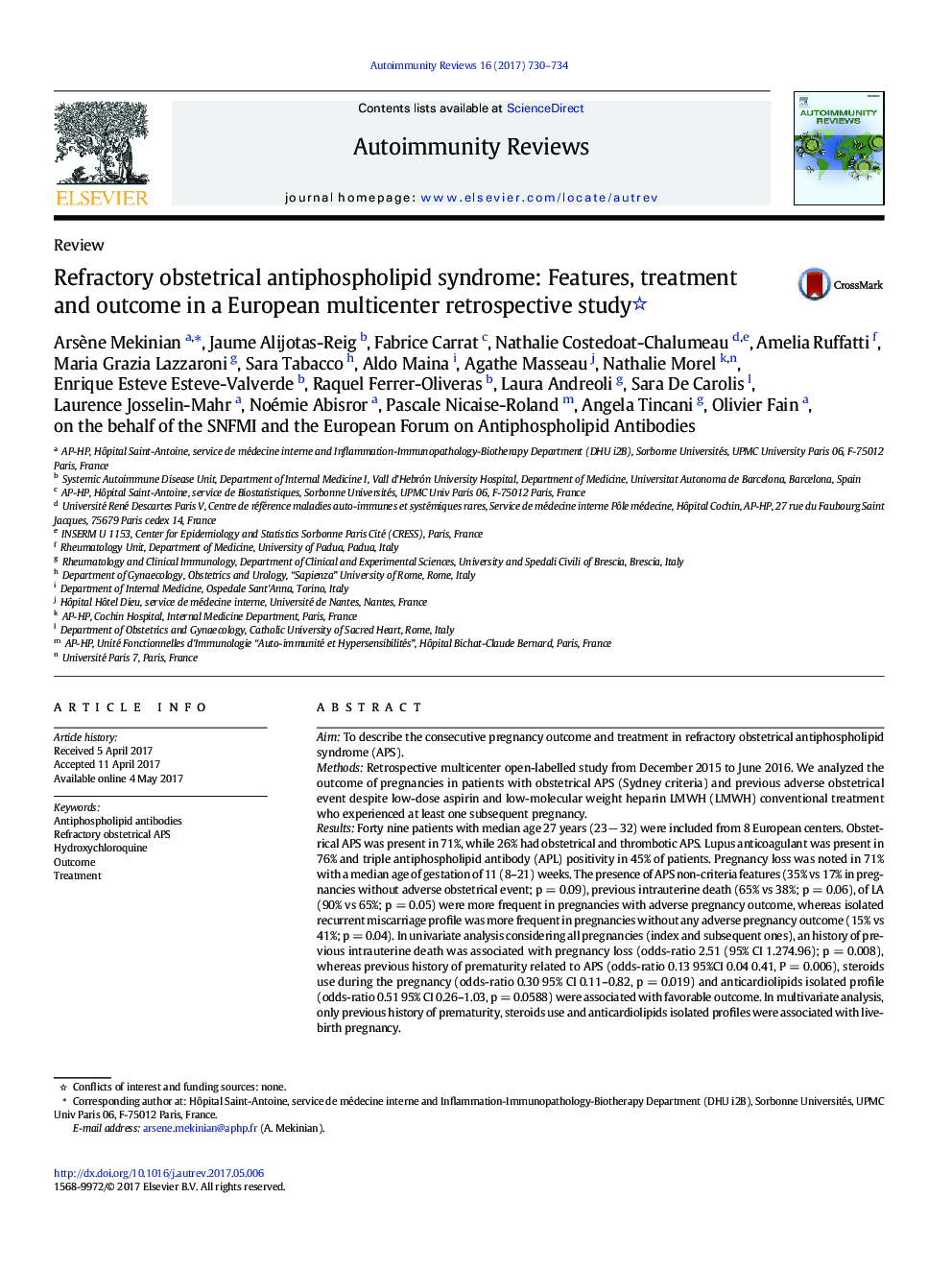 Refractory obstetrical antiphospholipid syndrome: Features, treatment and outcome in a European multicenter retrospective study