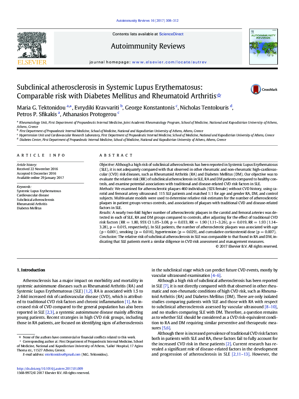 Subclinical atherosclerosis in Systemic Lupus Erythematosus: Comparable risk with Diabetes Mellitus and Rheumatoid Arthritis