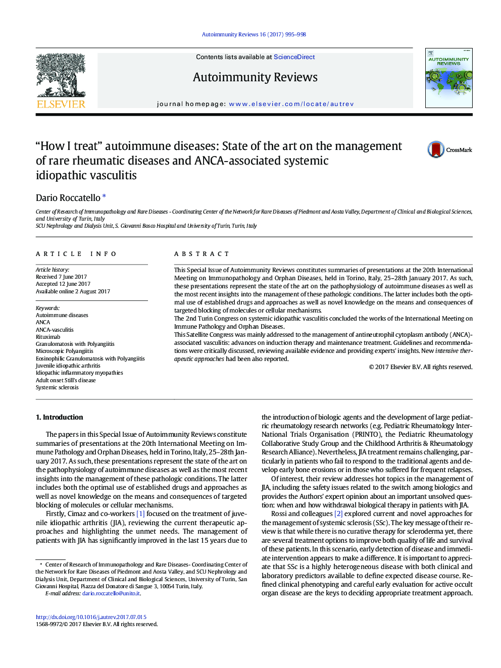 “How I treat” autoimmune diseases: State of the art on the management of rare rheumatic diseases and ANCA-associated systemic idiopathic vasculitis