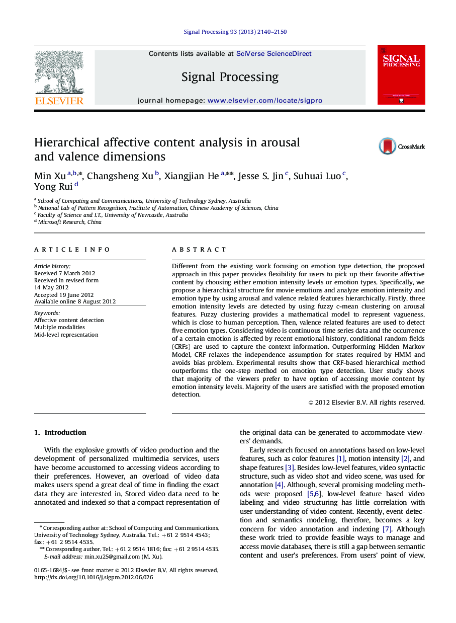 Hierarchical affective content analysis in arousal and valence dimensions