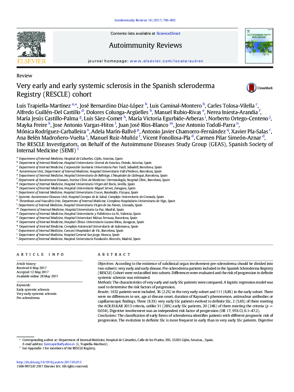 Very early and early systemic sclerosis in the Spanish scleroderma Registry (RESCLE) cohort