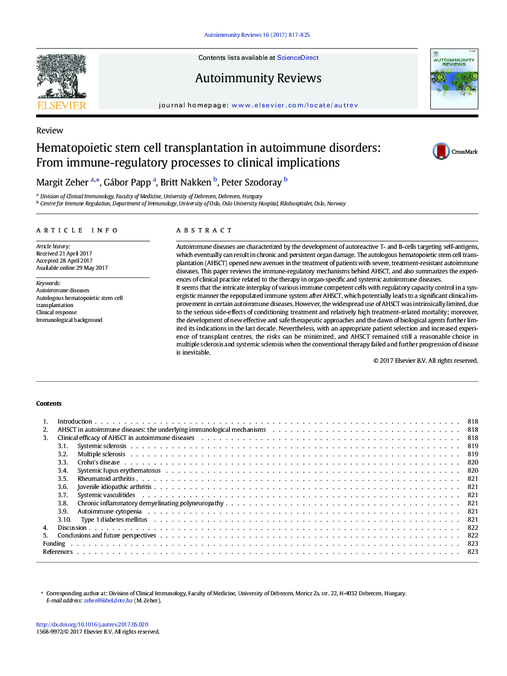 Hematopoietic stem cell transplantation in autoimmune disorders: From immune-regulatory processes to clinical implications