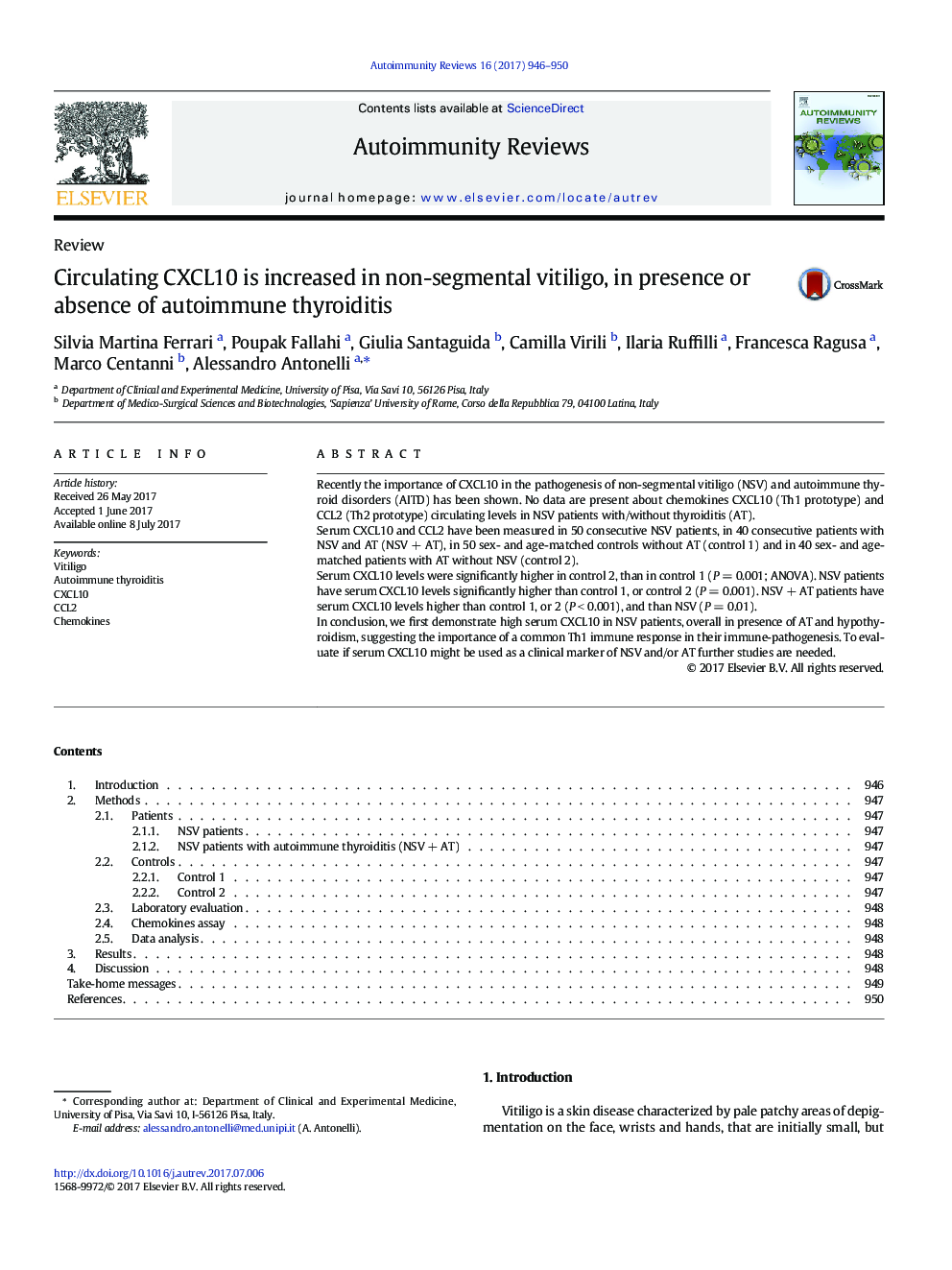 Circulating CXCL10 is increased in non-segmental vitiligo, in presence or absence of autoimmune thyroiditis