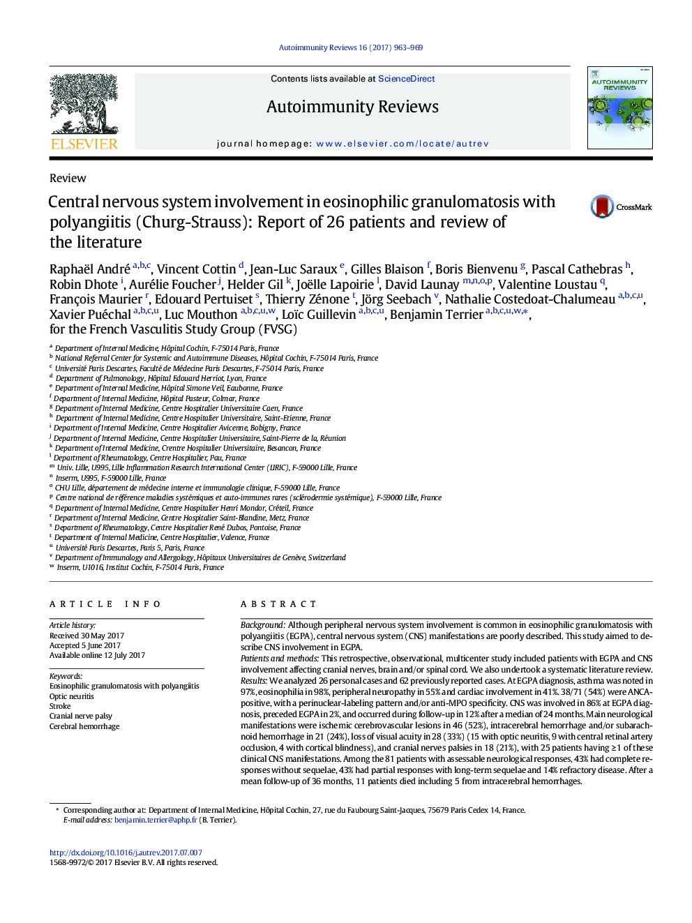 Central nervous system involvement in eosinophilic granulomatosis with polyangiitis (Churg-Strauss): Report of 26 patients and review of the literature