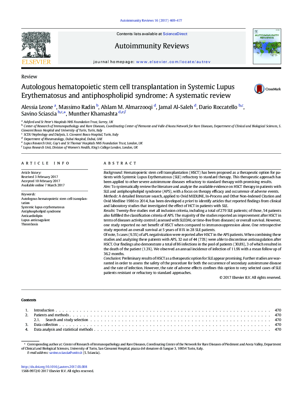 Autologous hematopoietic stem cell transplantation in Systemic Lupus Erythematosus and antiphospholipid syndrome: A systematic review