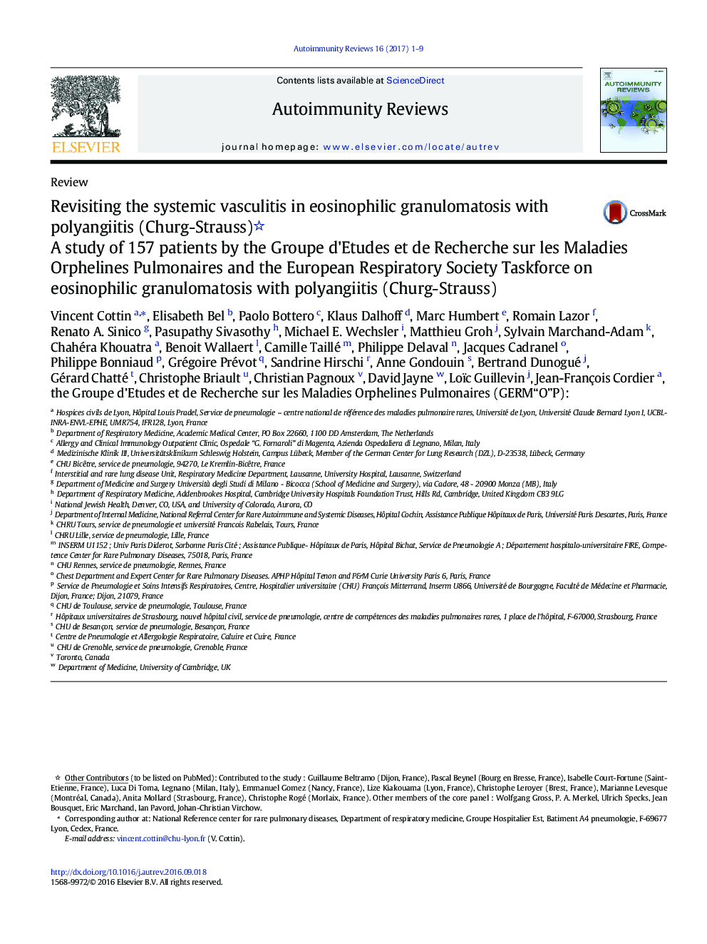 Revisiting the systemic vasculitis in eosinophilic granulomatosis with polyangiitis (Churg-Strauss): A study of 157 patients by the Groupe d'Etudes et de Recherche sur les Maladies Orphelines Pulmonaires and the European Respiratory Society Taskforce on e