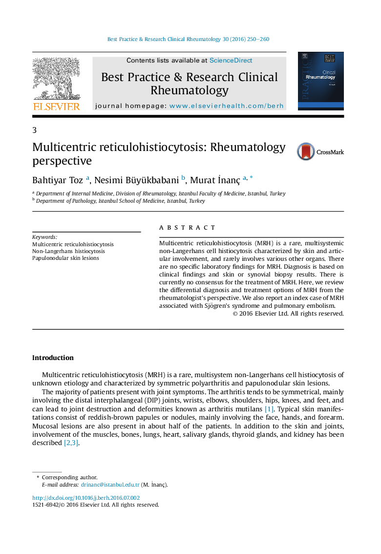 Multicentric reticulohistiocytosis: Rheumatology perspective