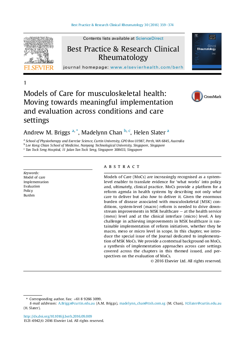 Models of Care for musculoskeletal health: Moving towards meaningful implementation and evaluation across conditions and care settings