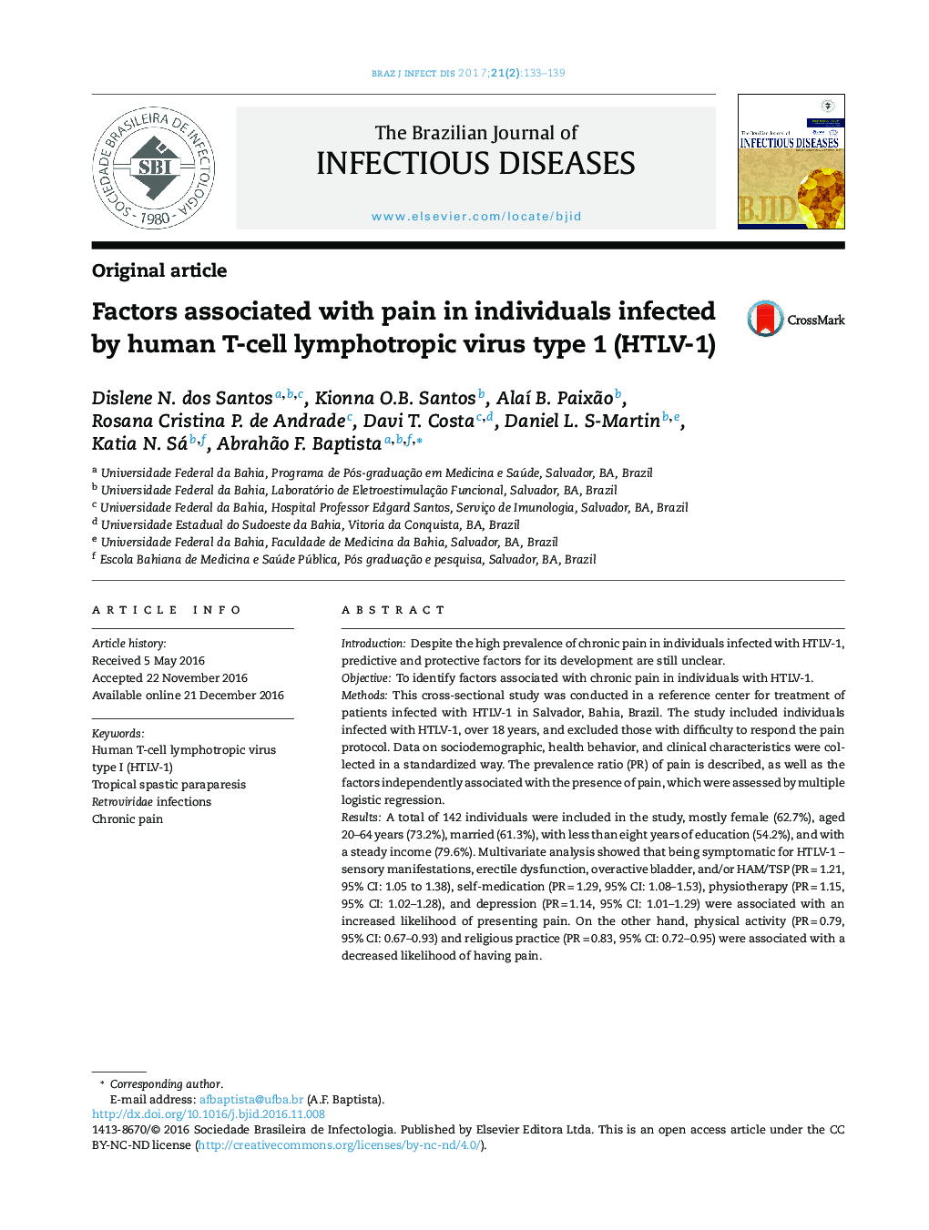 Factors associated with pain in individuals infected by human T-cell lymphotropic virus type 1 (HTLV-1)