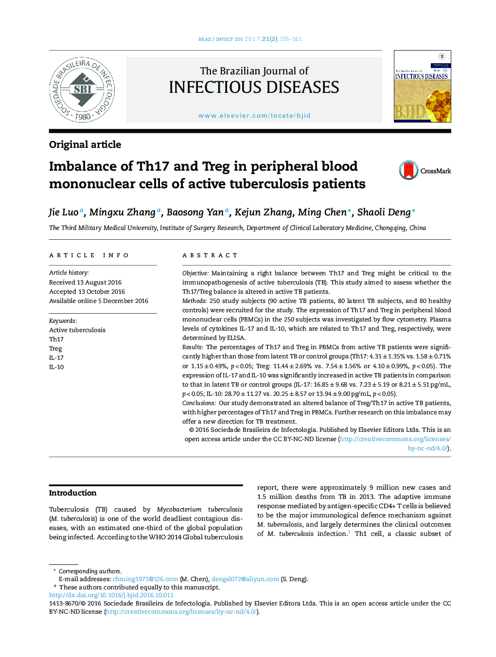 Imbalance of Th17 and Treg in peripheral blood mononuclear cells of active tuberculosis patients