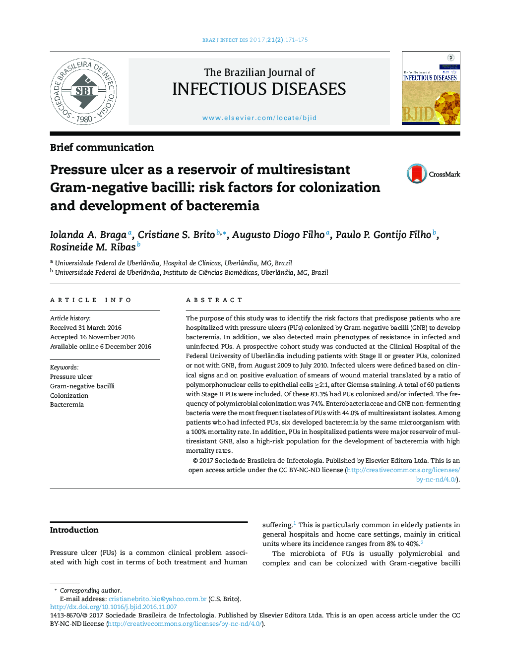 Pressure ulcer as a reservoir of multiresistant Gram-negative bacilli: risk factors for colonization and development of bacteremia