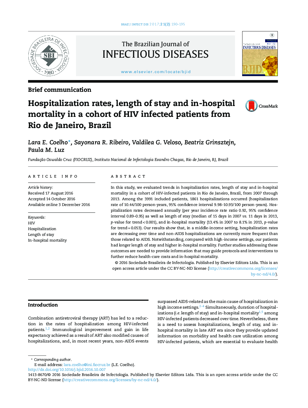 Hospitalization rates, length of stay and in-hospital mortality in a cohort of HIV infected patients from Rio de Janeiro, Brazil