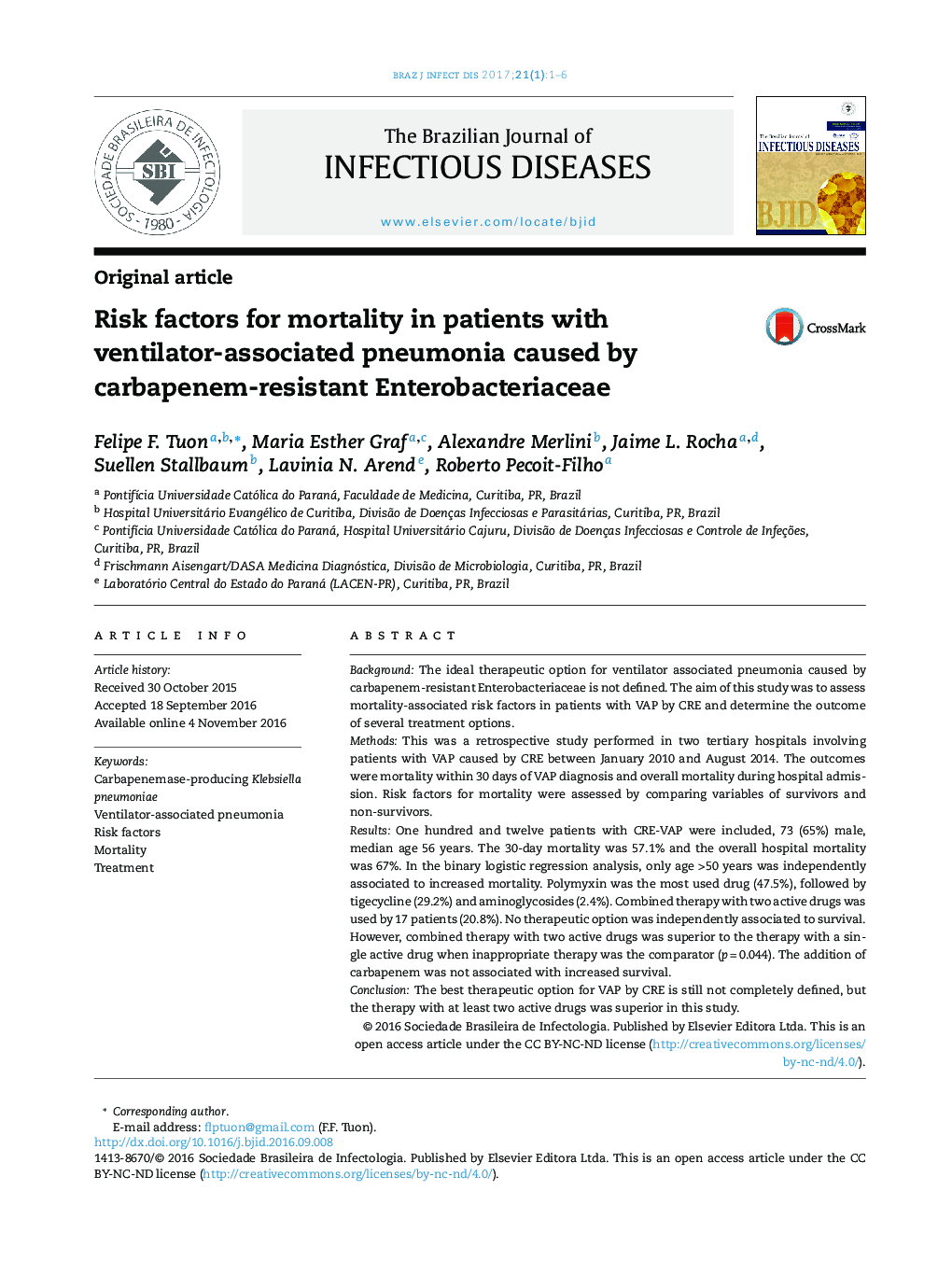 Risk factors for mortality in patients with ventilator-associated pneumonia caused by carbapenem-resistant Enterobacteriaceae