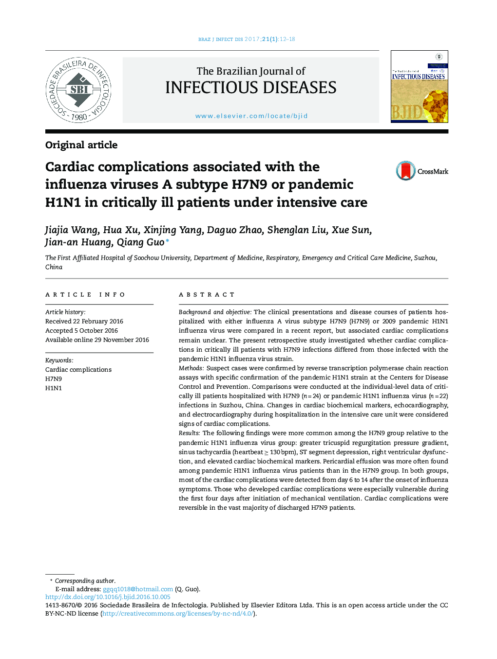 Cardiac complications associated with the influenza viruses A subtype H7N9 or pandemic H1N1 in critically ill patients under intensive care