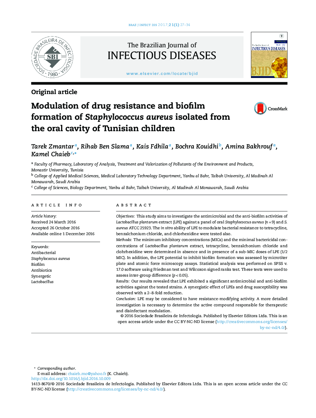 Modulation of drug resistance and biofilm formation of Staphylococcus aureus isolated from the oral cavity of Tunisian children