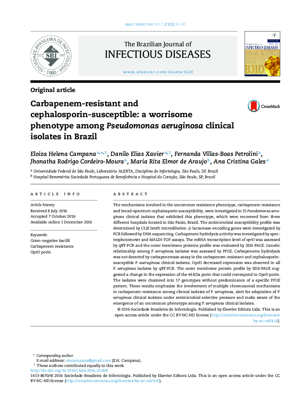 Carbapenem-resistant and cephalosporin-susceptible: a worrisome phenotype among Pseudomonas aeruginosa clinical isolates in Brazil