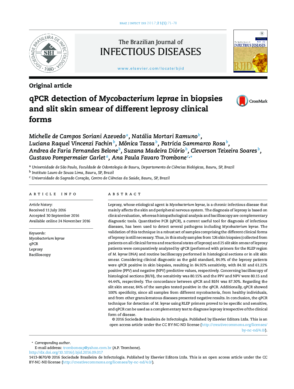 qPCR detection of Mycobacterium leprae in biopsies and slit skin smear of different leprosy clinical forms