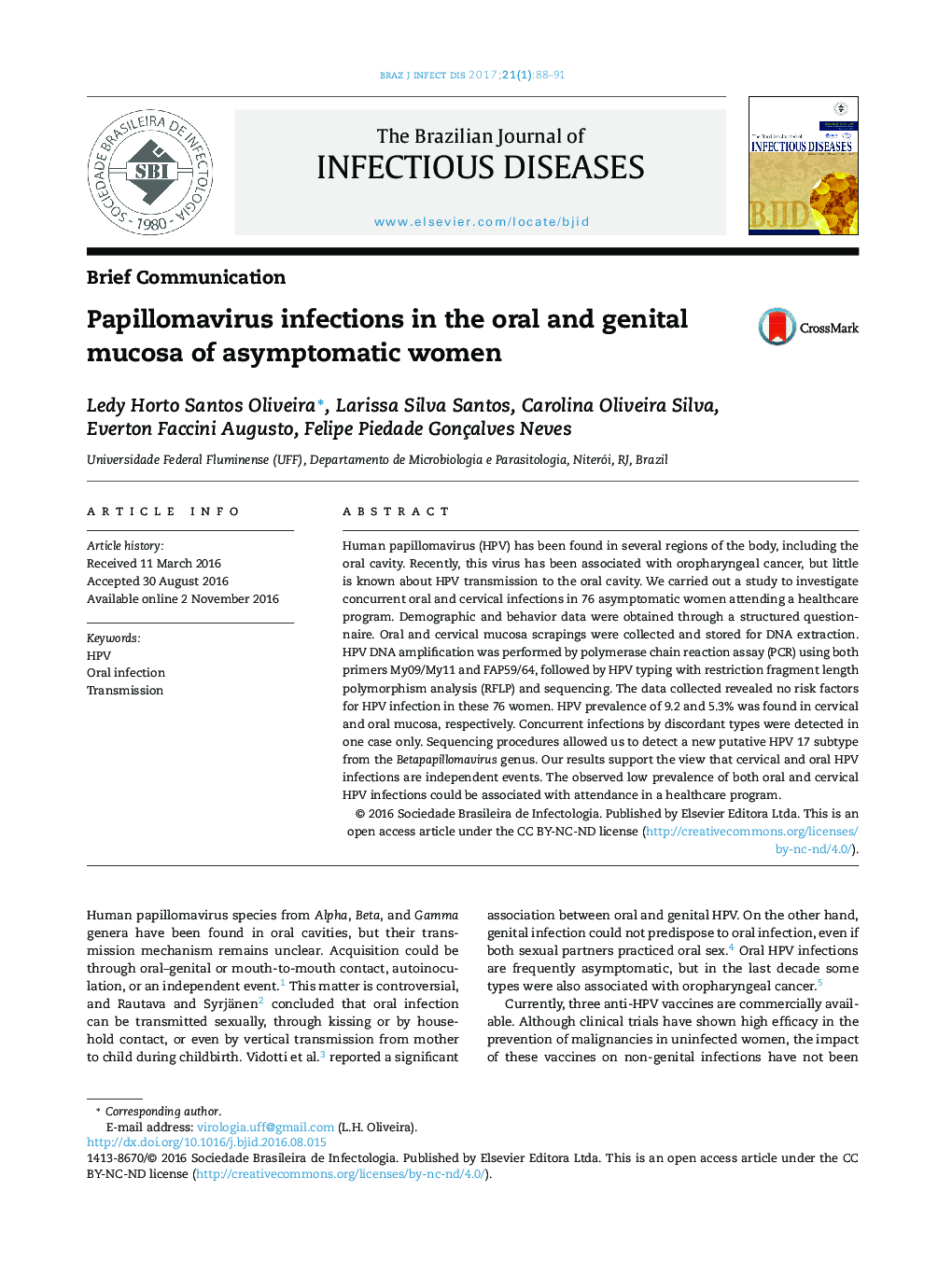 Papillomavirus infections in the oral and genital mucosa of asymptomatic women