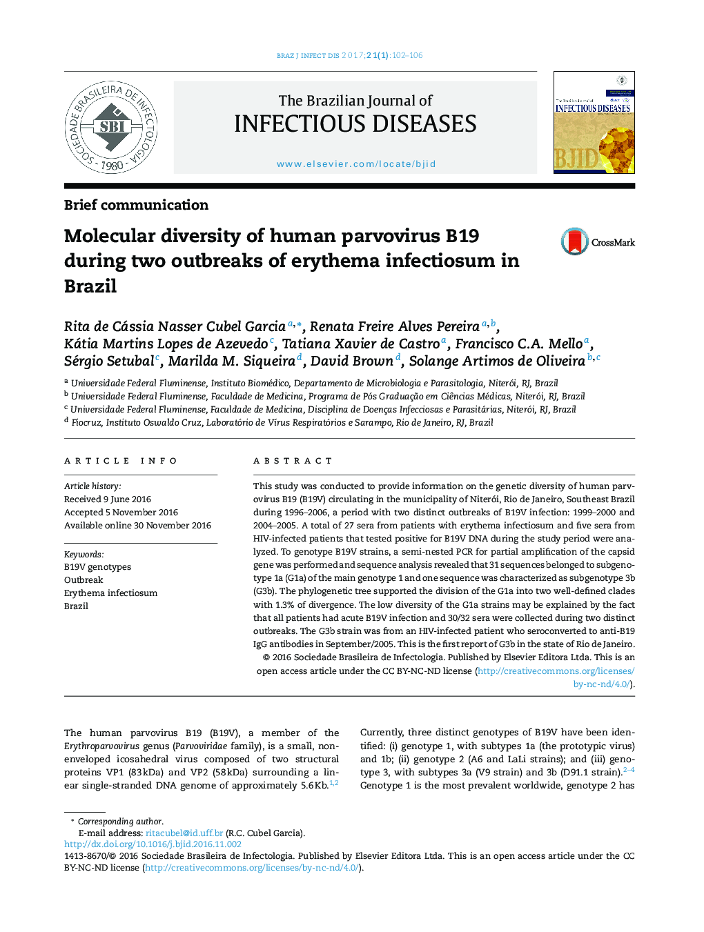 Molecular diversity of human parvovirus B19 during two outbreaks of erythema infectiosum in Brazil