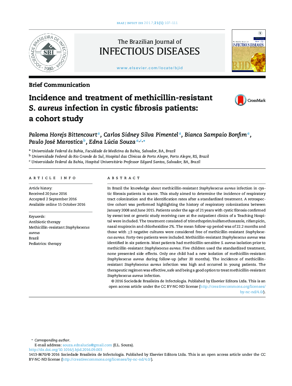Incidence and treatment of methicillin-resistant S. aureus infection in cystic fibrosis patients: a cohort study