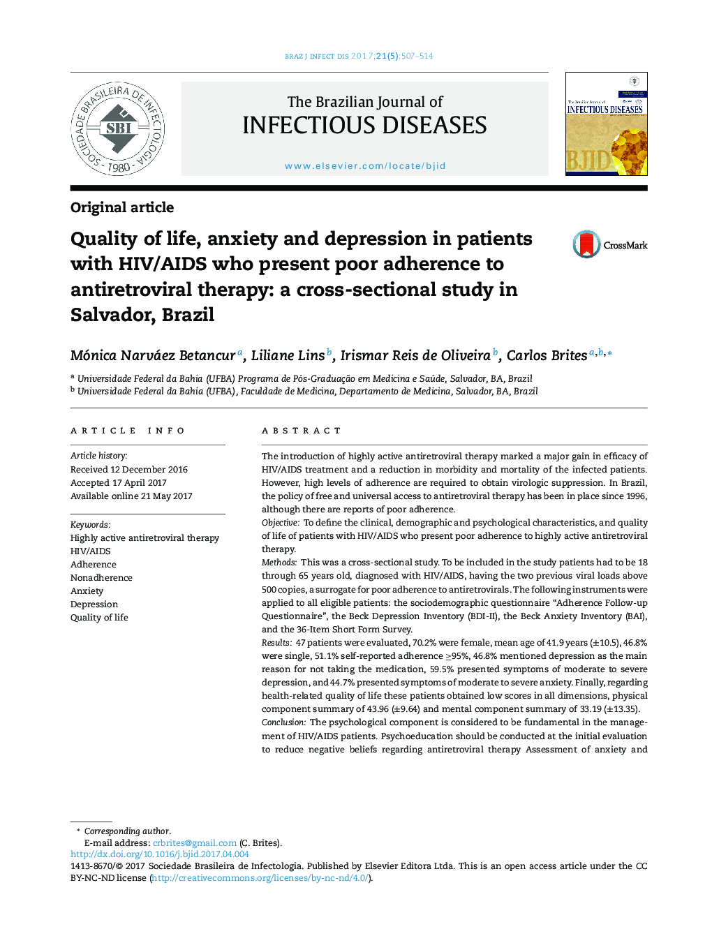 Quality of life, anxiety and depression in patients with HIV/AIDS who present poor adherence to antiretroviral therapy: a cross-sectional study in Salvador, Brazil