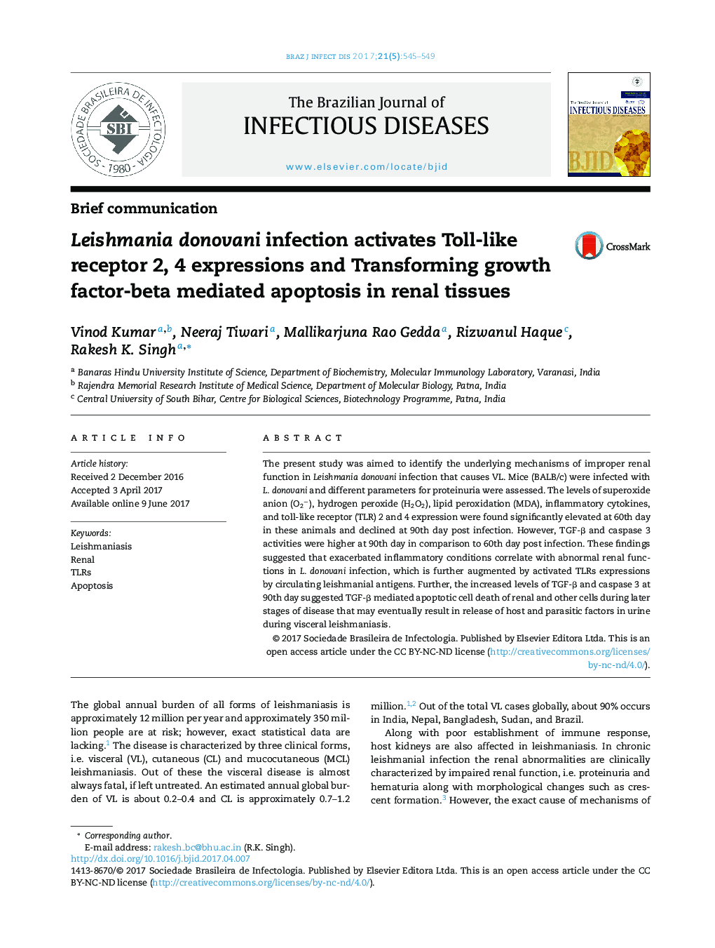 Leishmania donovani infection activates Toll-like receptor 2, 4 expressions and Transforming growth factor-beta mediated apoptosis in renal tissues