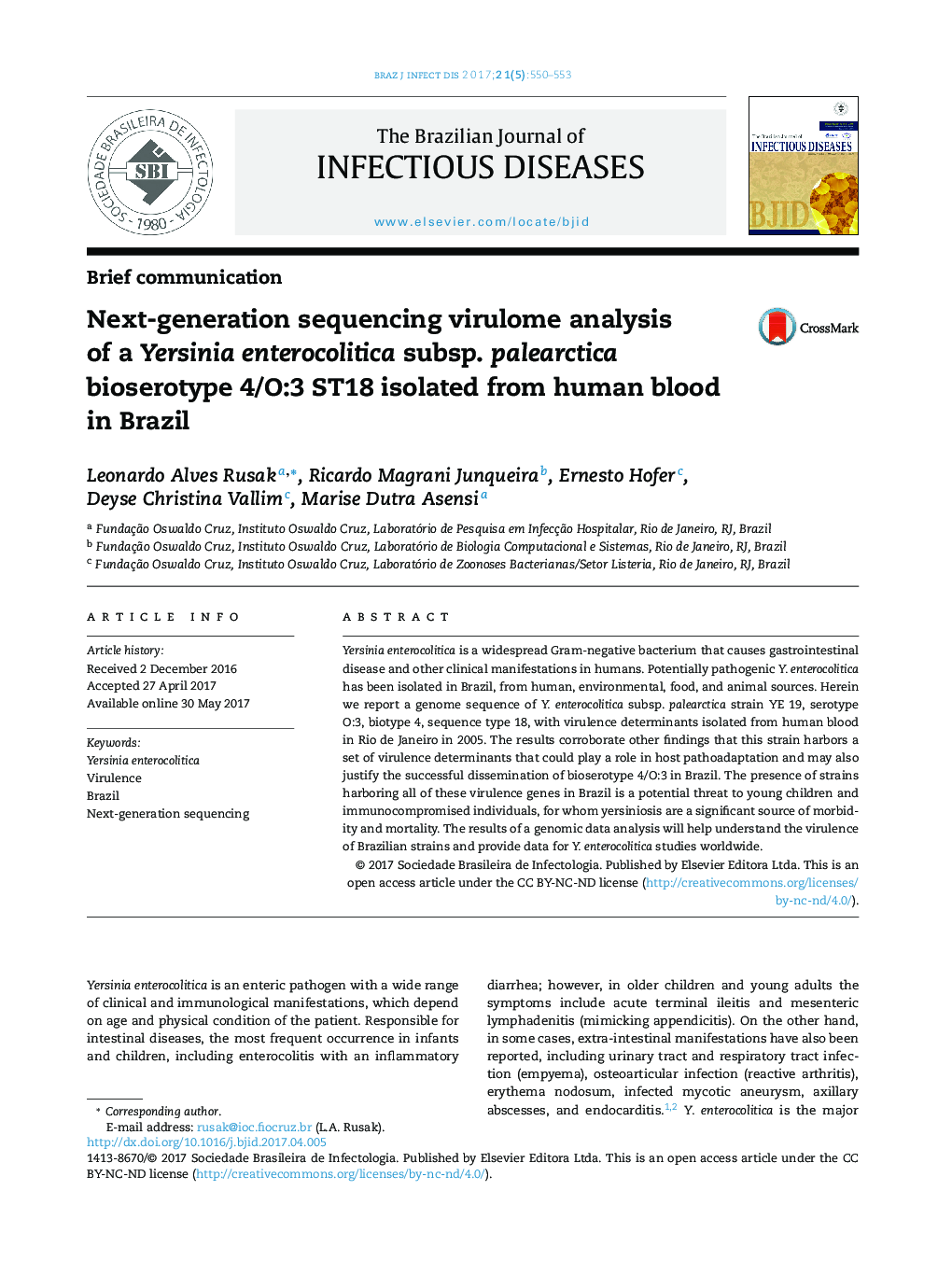 Next-generation sequencing virulome analysis of a Yersinia enterocolitica subsp. palearctica bioserotype 4/O:3 ST18 isolated from human blood in Brazil