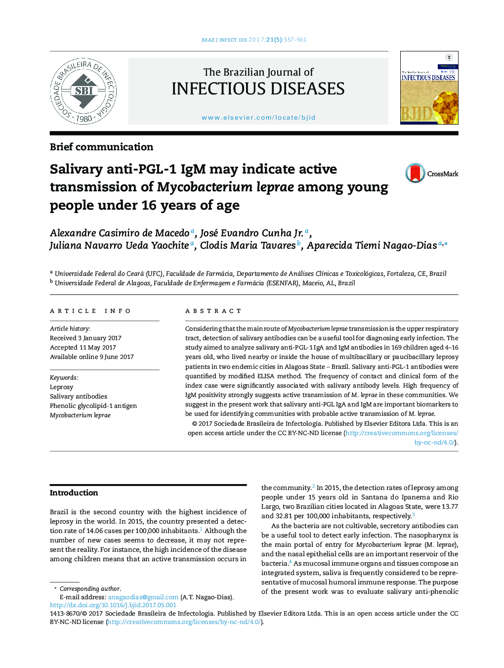 Salivary anti-PGL-1 IgM may indicate active transmission of Mycobacterium leprae among young people under 16 years of age