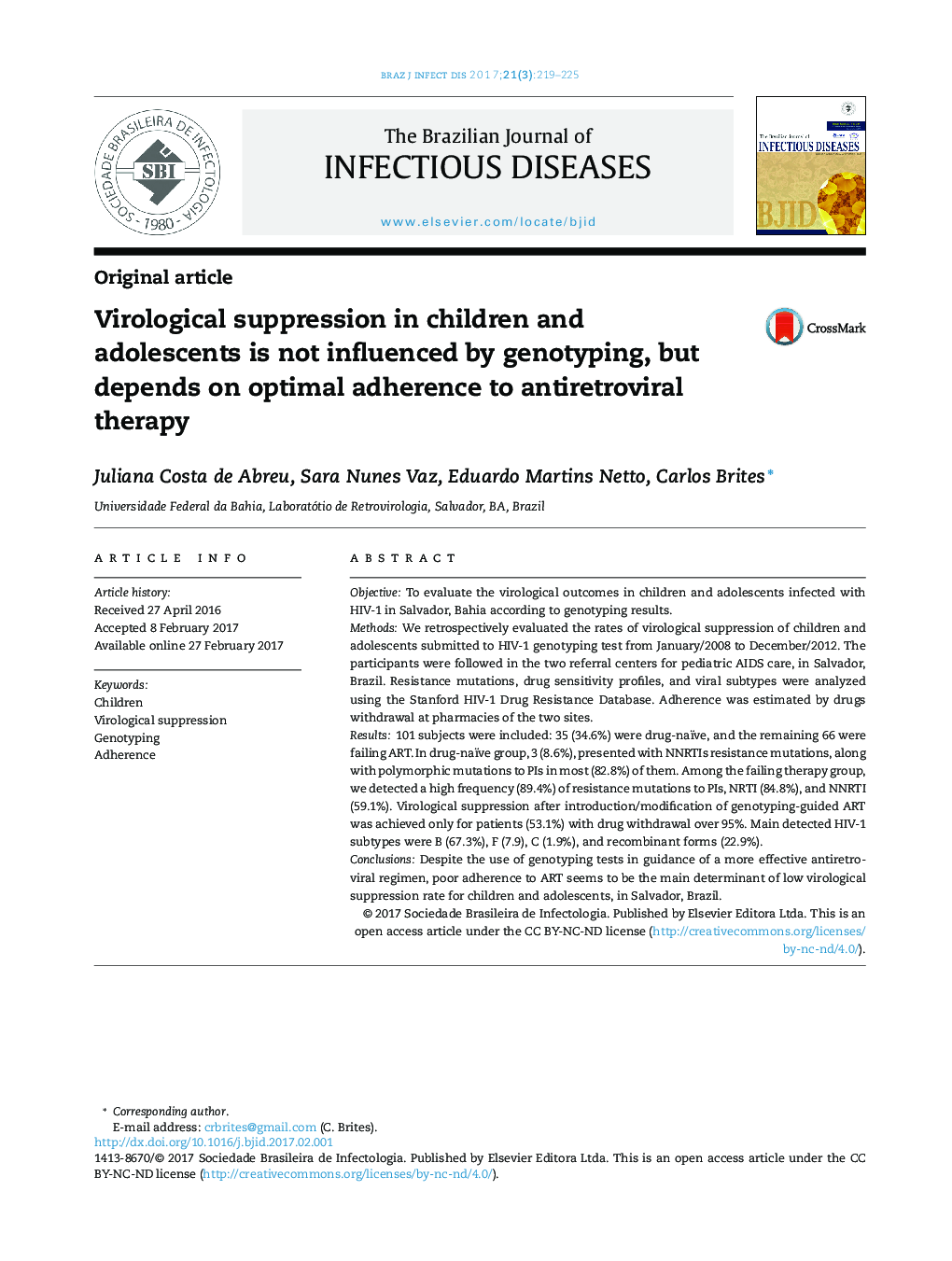 Virological suppression in children and adolescents is not influenced by genotyping, but depends on optimal adherence to antiretroviral therapy