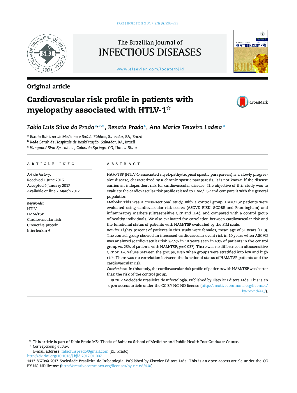 Cardiovascular risk profile in patients with myelopathy associated with HTLV-1