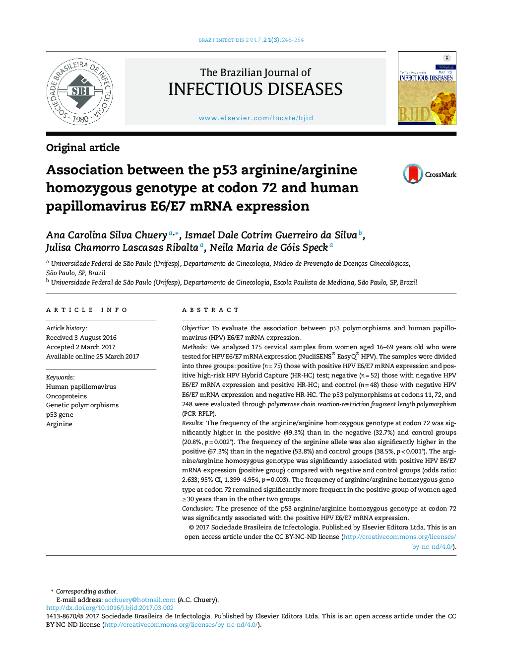 Association between the p53 arginine/arginine homozygous genotype at codon 72 and human papillomavirus E6/E7 mRNA expression