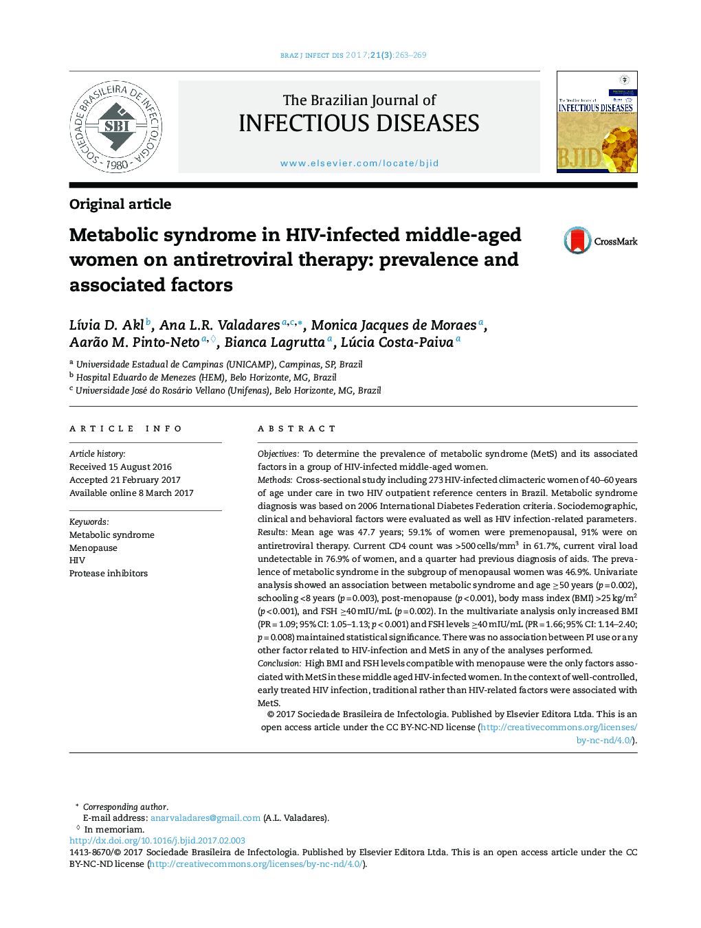 Metabolic syndrome in HIV-infected middle-aged women on antiretroviral therapy: prevalence and associated factors