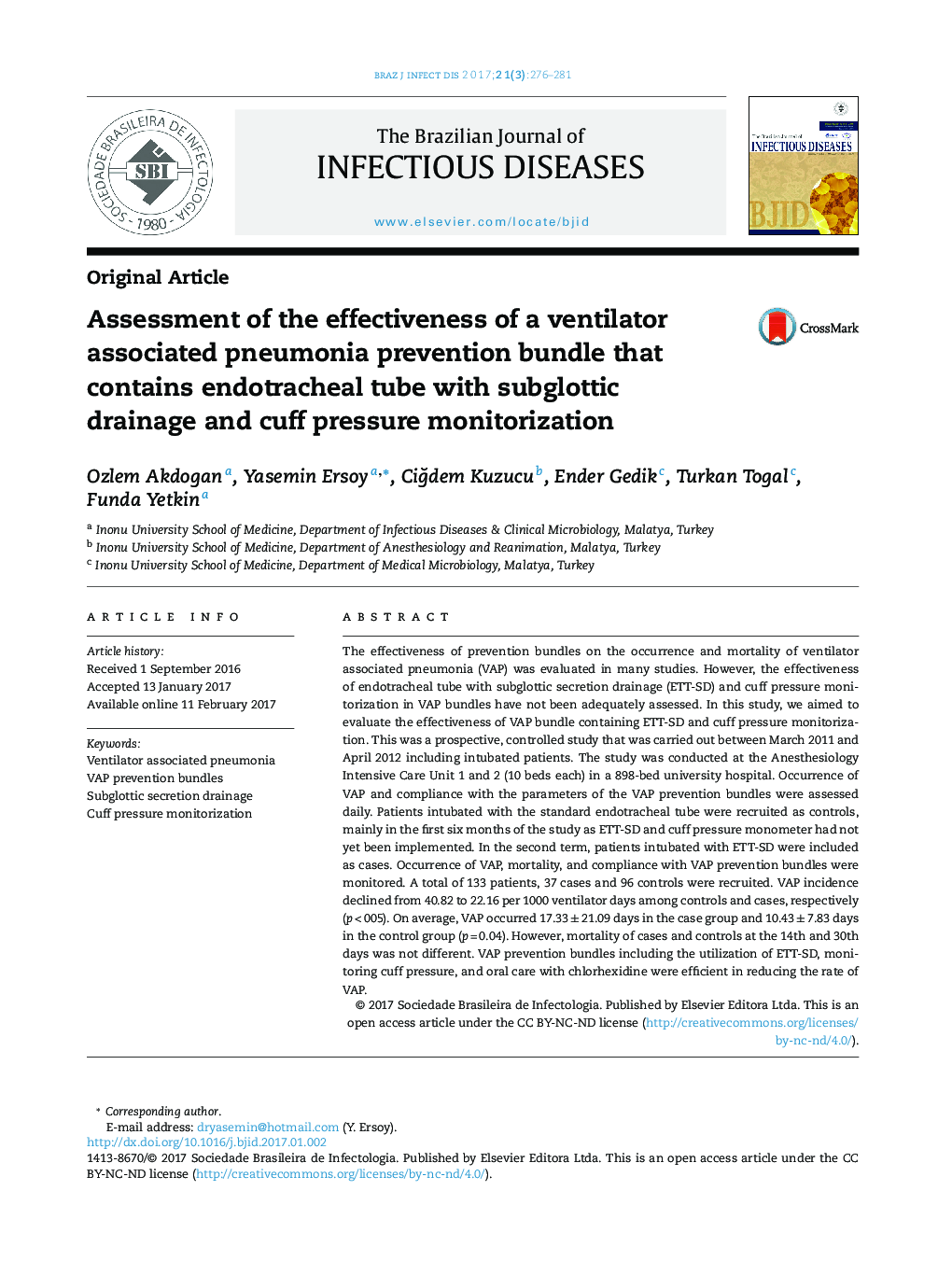 Assessment of the effectiveness of a ventilator associated pneumonia prevention bundle that contains endotracheal tube with subglottic drainage and cuff pressure monitorization