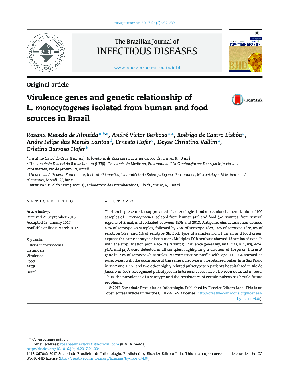 Virulence genes and genetic relationship of L. monocytogenes isolated from human and food sources in Brazil