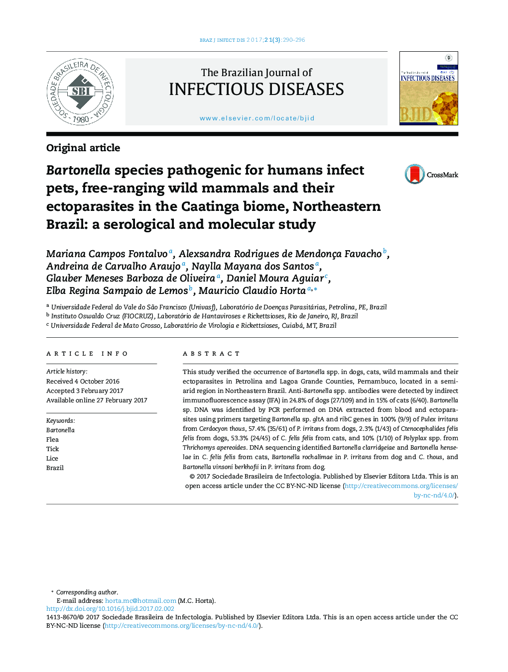 Bartonella species pathogenic for humans infect pets, free-ranging wild mammals and their ectoparasites in the Caatinga biome, Northeastern Brazil: a serological and molecular study