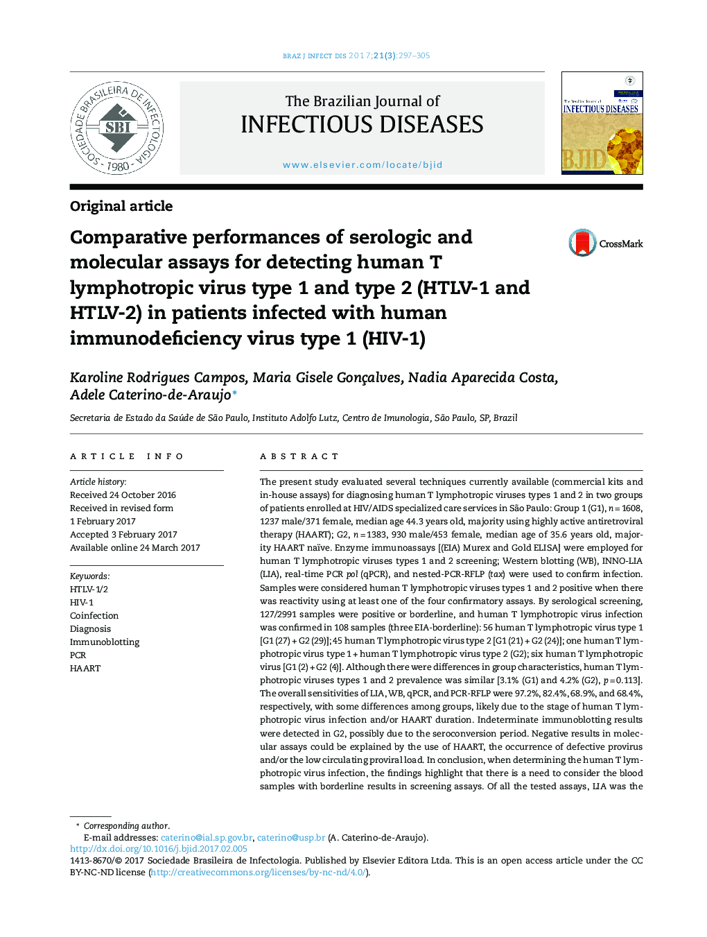 Comparative performances of serologic and molecular assays for detecting human T lymphotropic virus type 1 and type 2 (HTLV-1 and HTLV-2) in patients infected with human immunodeficiency virus type 1 (HIV-1)