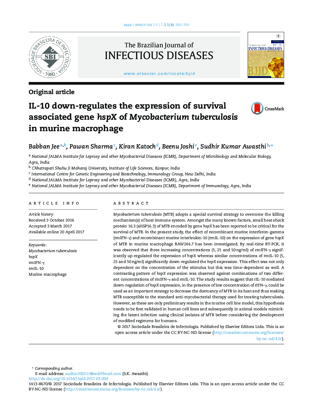 IL-10 down-regulates the expression of survival associated gene hspX of Mycobacterium tuberculosis in murine macrophage