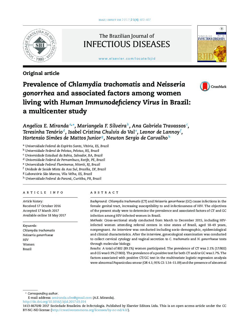 Prevalence of Chlamydia trachomatis and Neisseria gonorrhea and associated factors among women living with Human Immunodeficiency Virus in Brazil: a multicenter study