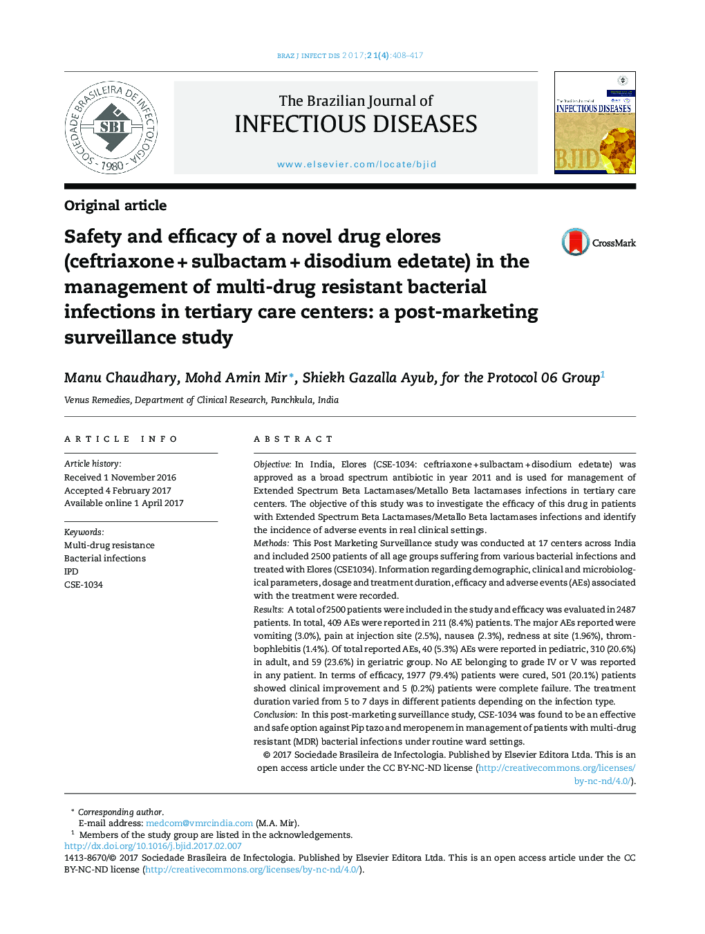 Safety and efficacy of a novel drug elores (ceftriaxone + sulbactam + disodium edetate) in the management of multi-drug resistant bacterial infections in tertiary care centers: a post-marketing surveillance study