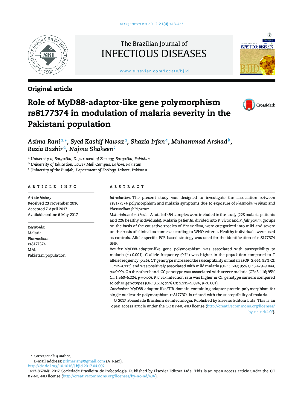 Role of MyD88-adaptor-like gene polymorphism rs8177374 in modulation of malaria severity in the Pakistani population