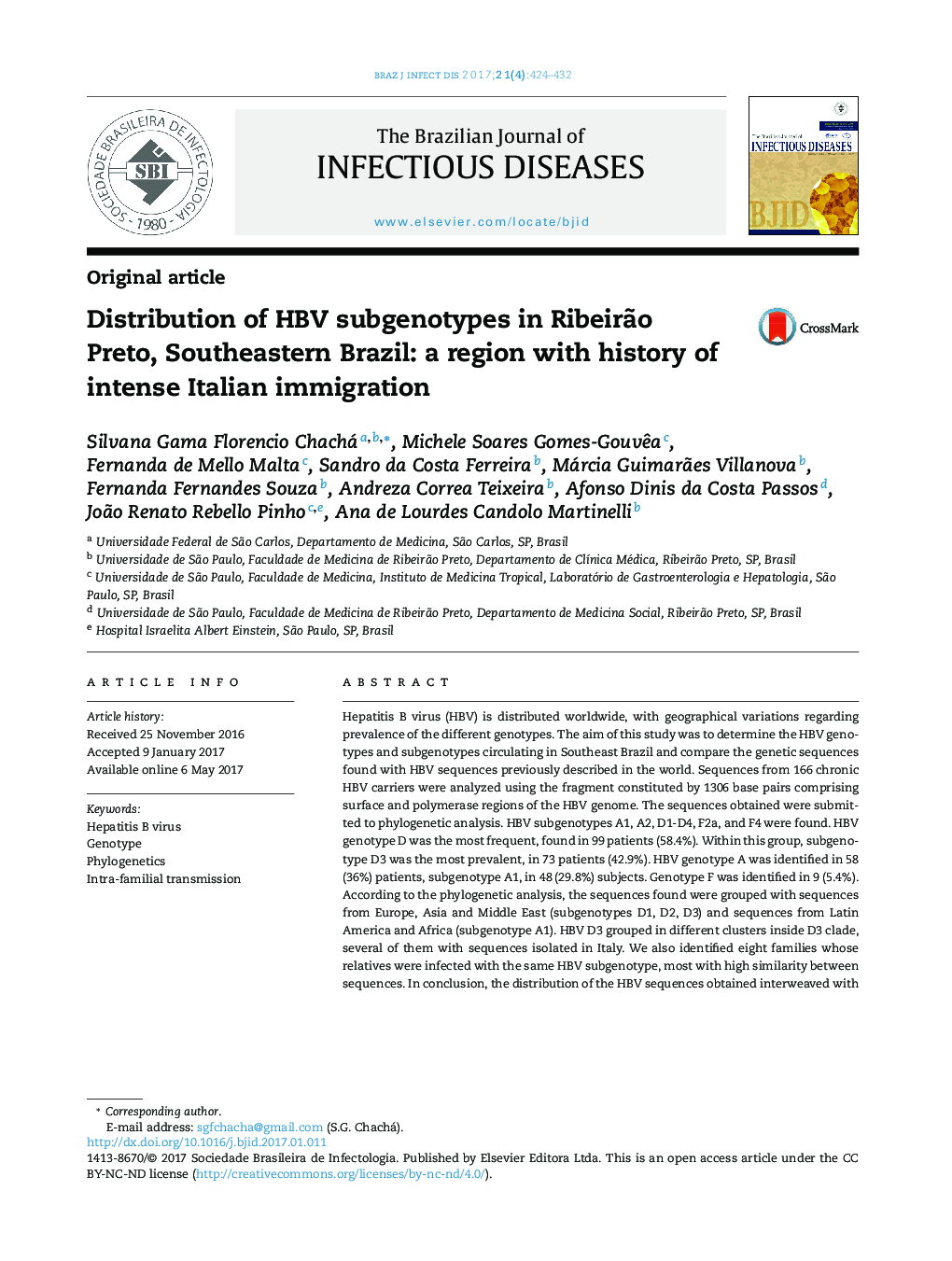 Distribution of HBV subgenotypes in RibeirÃ£o Preto, Southeastern Brazil: a region with history of intense Italian immigration