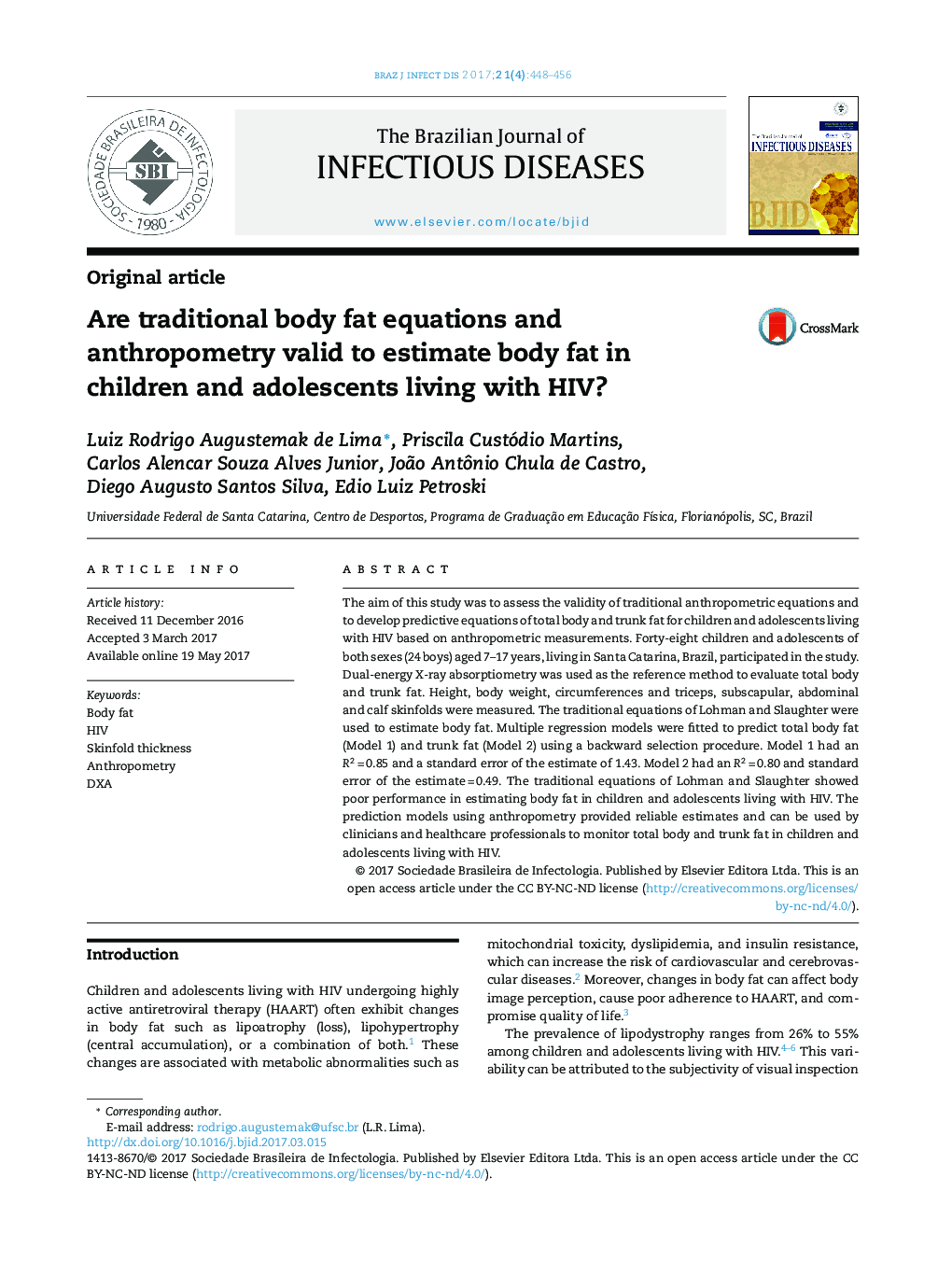 Are traditional body fat equations and anthropometry valid to estimate body fat in children and adolescents living with HIV?