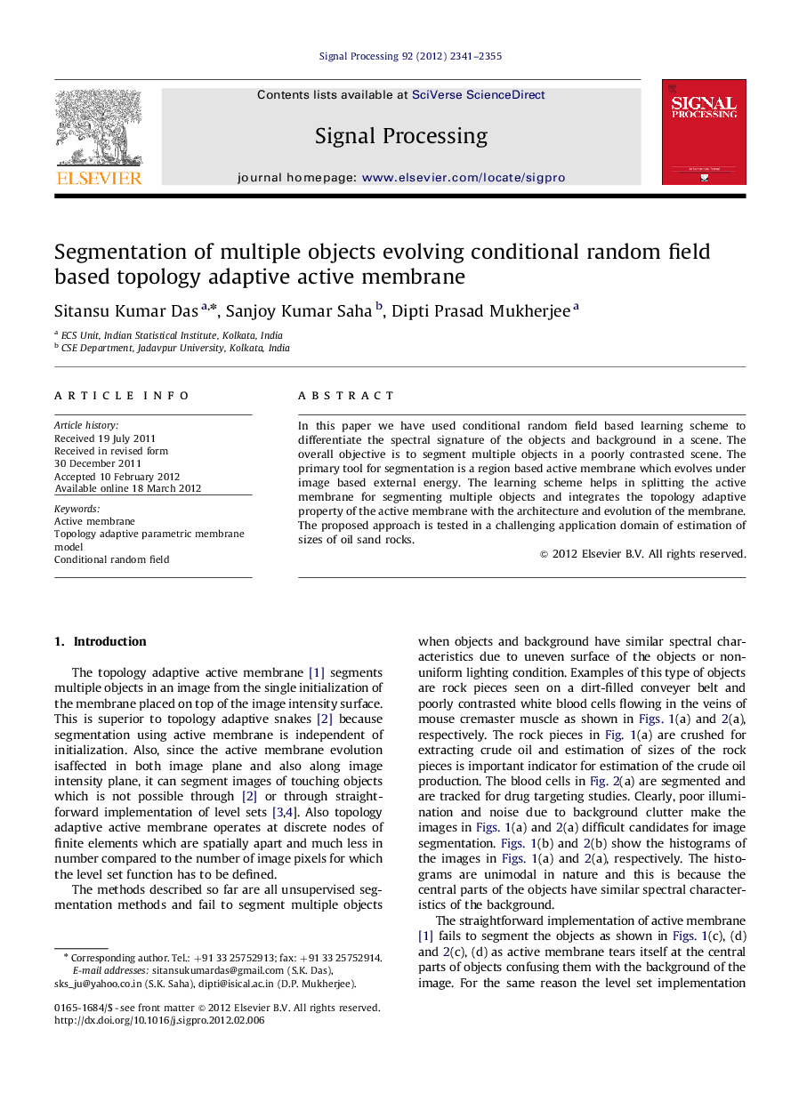 عکس صفحه اول مقاله: Segmentation of multiple objects evolving conditional random field based topology adaptive active membrane Segmentation of multiple objects evolving conditional random field based topology adaptive active membrane