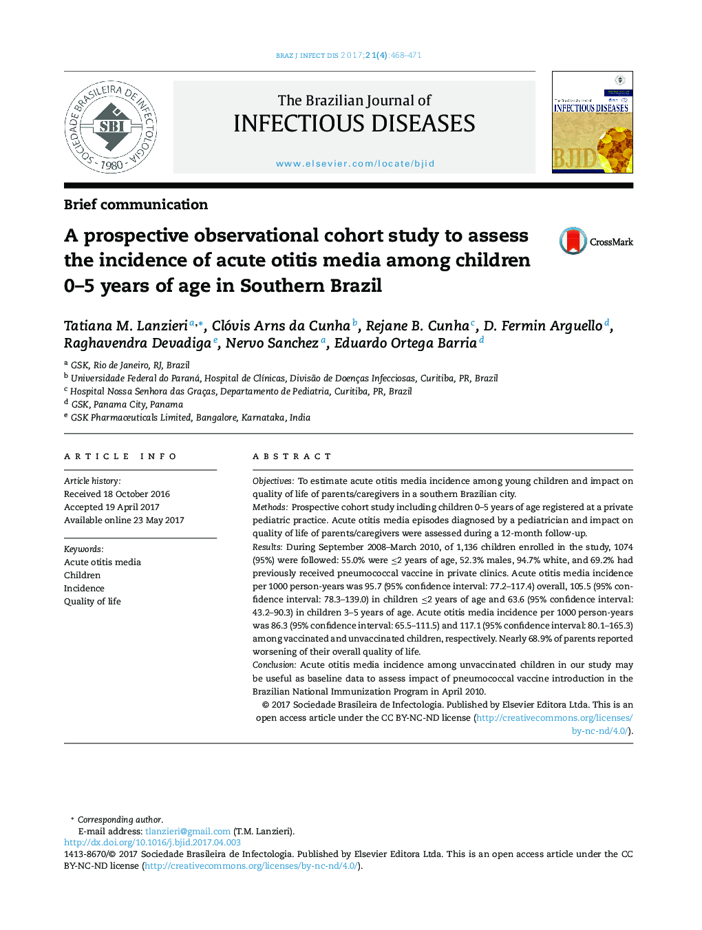 A prospective observational cohort study to assess the incidence of acute otitis media among children 0-5 years of age in Southern Brazil