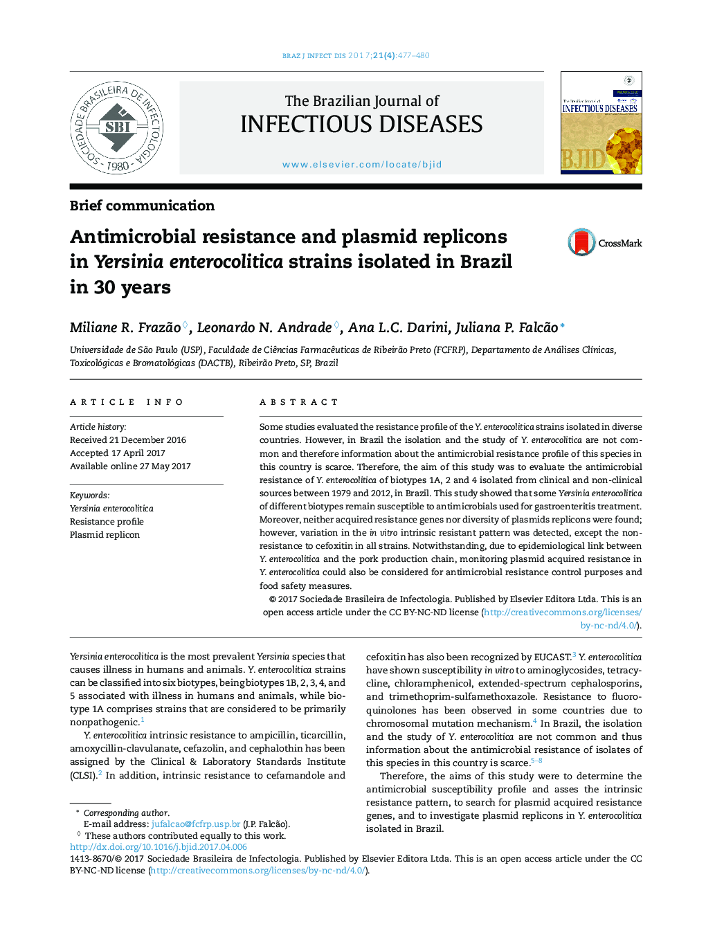 Antimicrobial resistance and plasmid replicons in Yersinia enterocolitica strains isolated in Brazil in 30 years